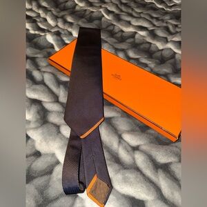 Hermes Dark Blue Silk Tie with Orange Accents